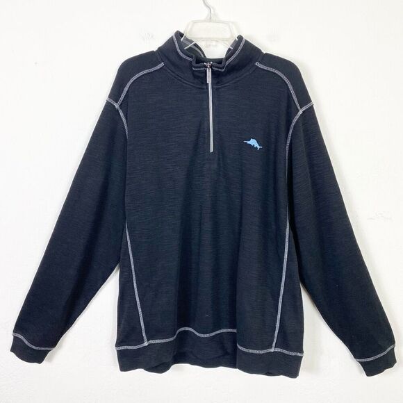 Tommy Bahama Black White Stitch Contrast Quarter Zip Pullover Sweater Size XL - Picture 1 of 5